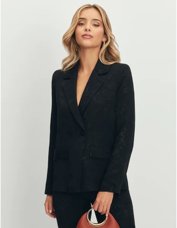 Black jacquard blazer with matching lapels and waist sash 2