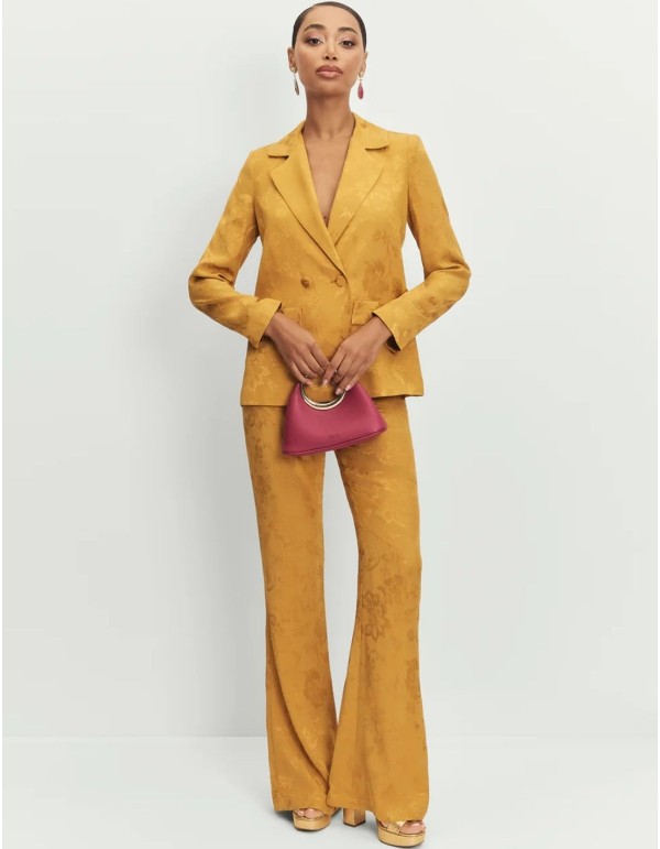 Mustard jacquard pants with high rise and concealed zipper