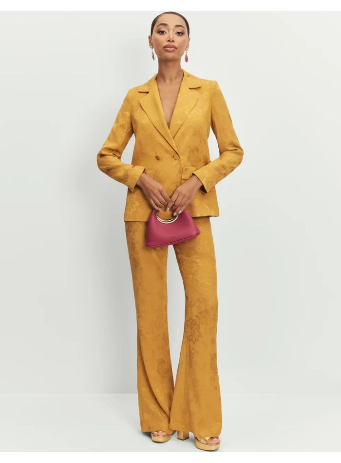 Pantalon jacquard moutarde à taille haute avec fermeture éclair dissimulée