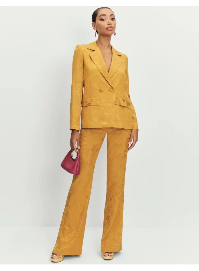 Pantalón mostaza de jacquard con tiro alto y cremallera oculta para cenas de empresa