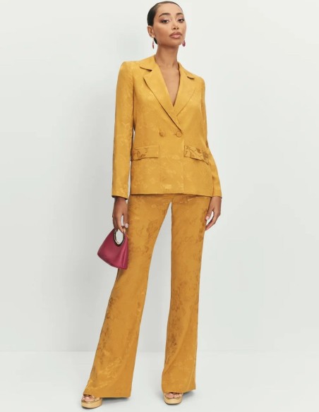 Pantalon jacquard moutarde à taille haute avec fermeture éclair dissimulée