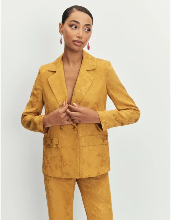 Mustard jacquard blazer with sash and covered buttons