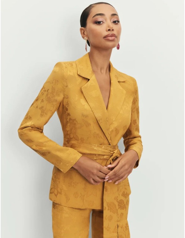 Mustard jacquard blazer with sash and covered buttons 2