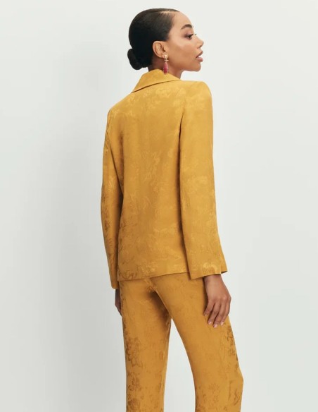 Mustard jacquard blazer with sash and covered buttons