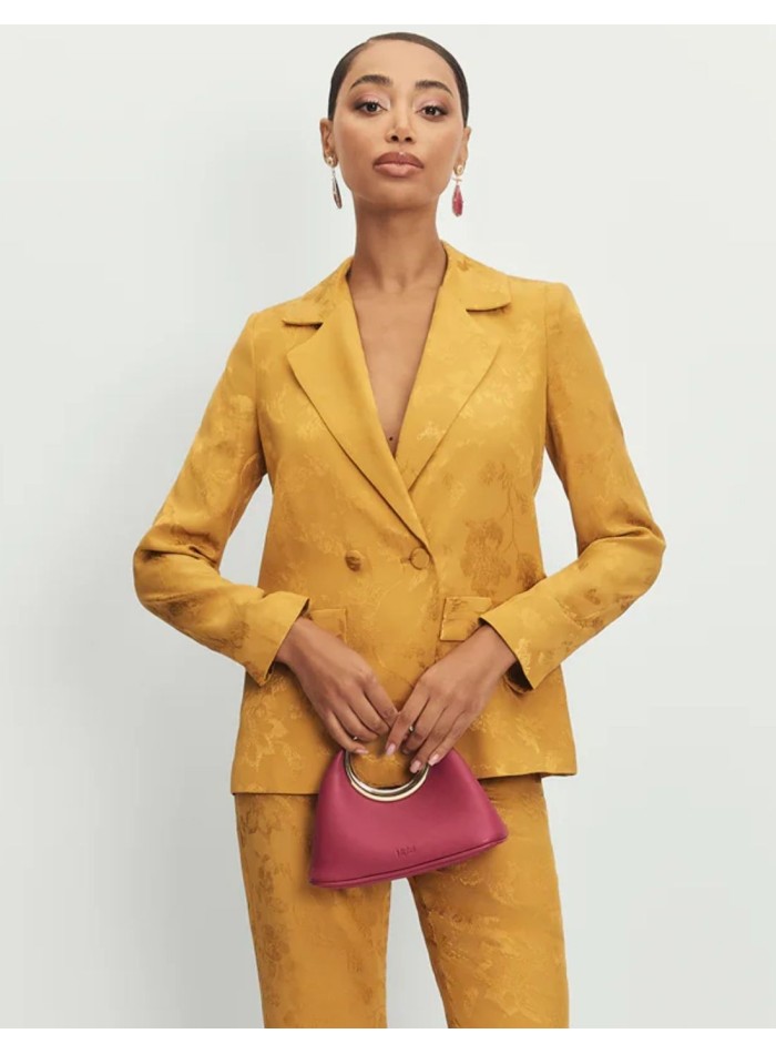 Mustard jacquard blazer with sash and covered...
