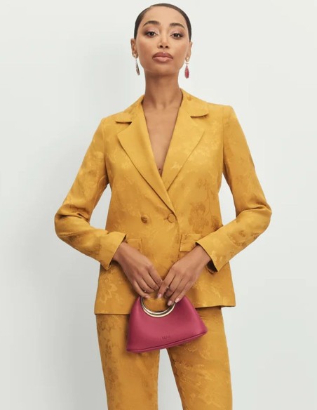 Mustard jacquard blazer with sash and covered buttons