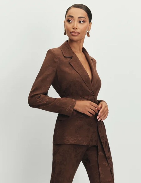 Brown jacquard blazer with sash and covered buttons