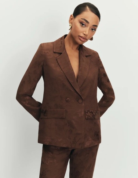 Blazer en jacquard marron avec ceinture et boutons doublés