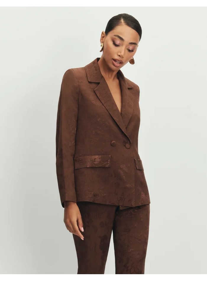 Brown jacquard blazer with sash and covered...