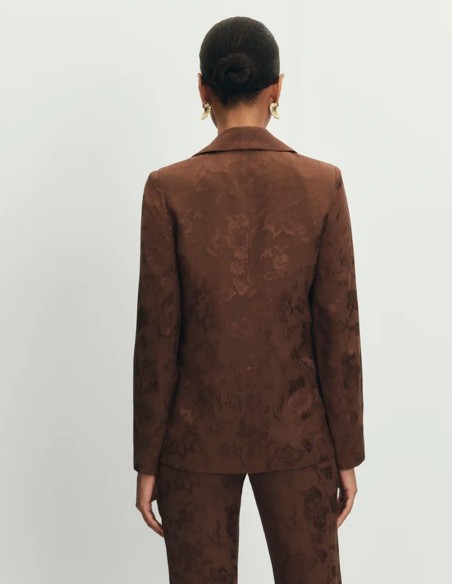 Brown jacquard blazer with sash and covered buttons