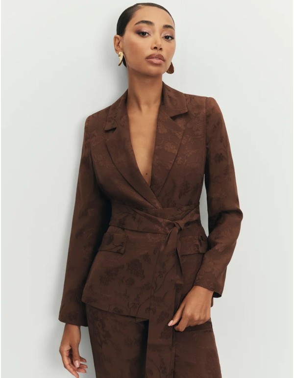 Brown jacquard blazer with sash and covered buttons