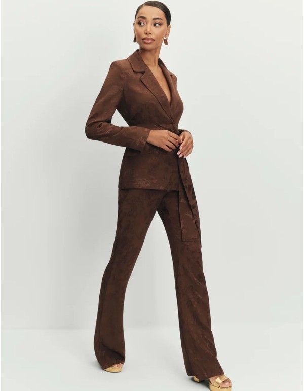 Brown jacquard high rise flare pants