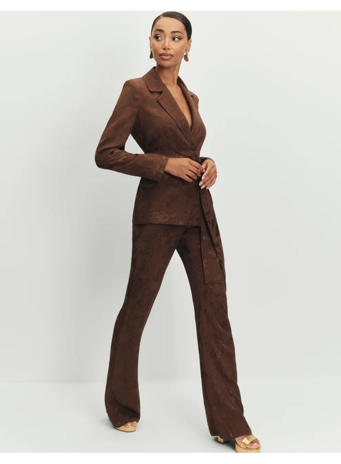 Brown jacquard high rise flare pants