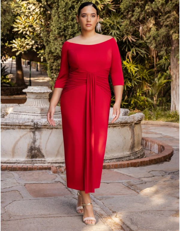 Midi dress with bardot neckline and knot at the waist