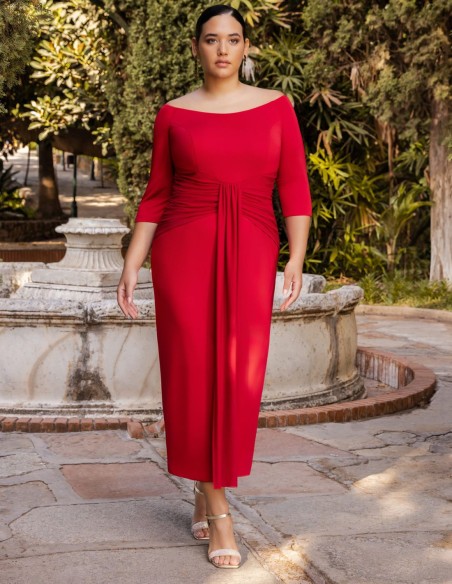 Vestido midi con escote bardot y nudo en la cintura