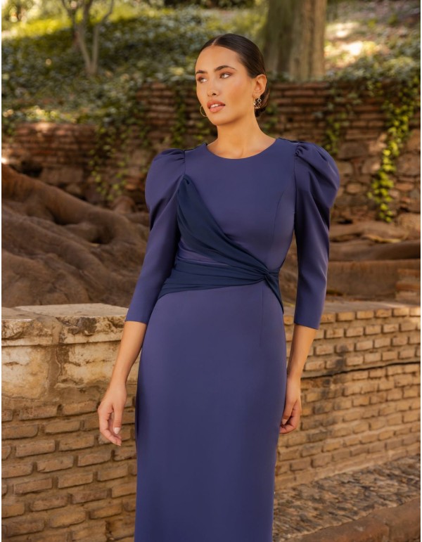 Navy blue midi dress with chiffon detail and open back 2