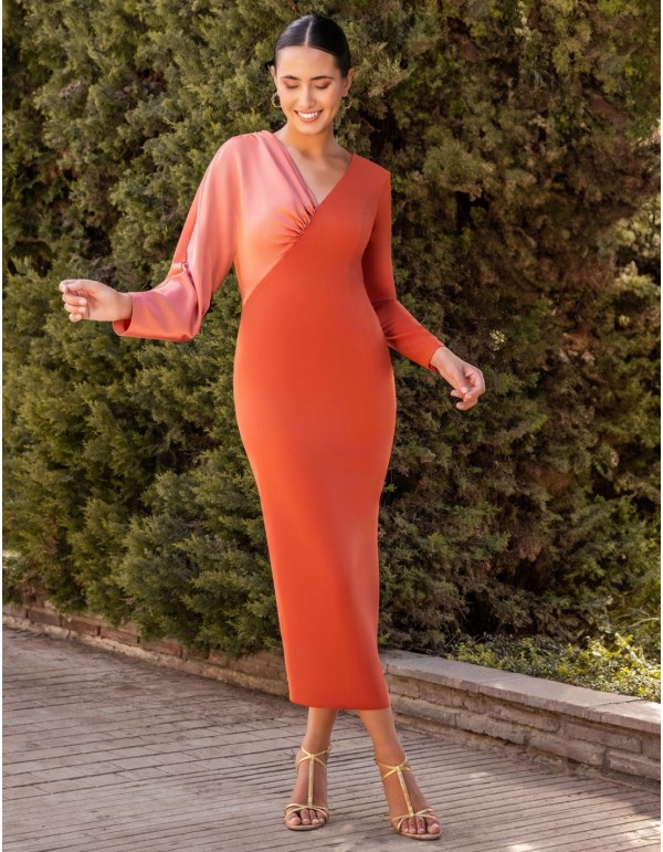 Long sleeve satin midi guest dress with long sleeves