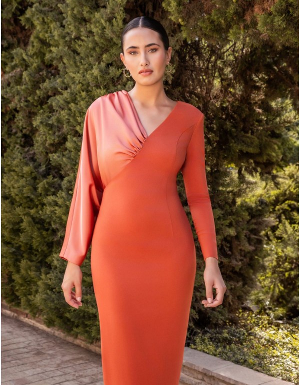 Long sleeve satin midi guest dress with long sleeves 2