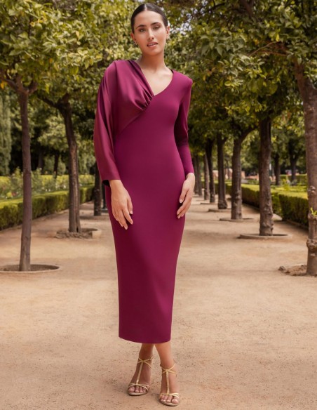 Eggplant color midi guest dress with satin sleeves and V-neckline