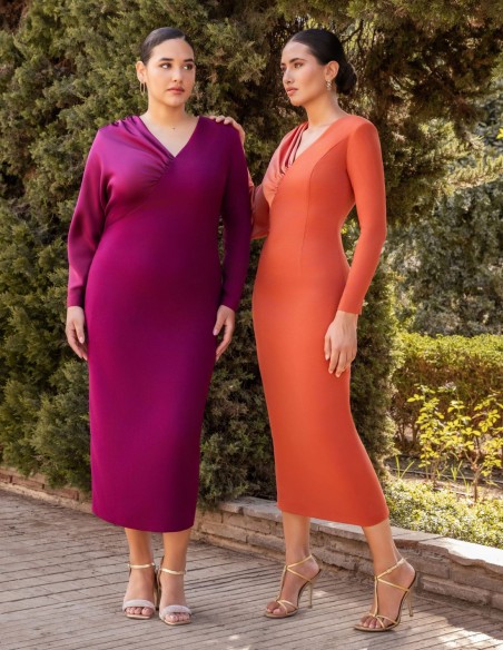 Eggplant color midi guest dress with satin sleeves and V-neckline