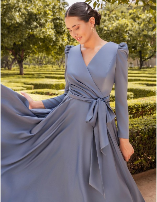 Blue midi dress for event with flounce skirt and lacing 2