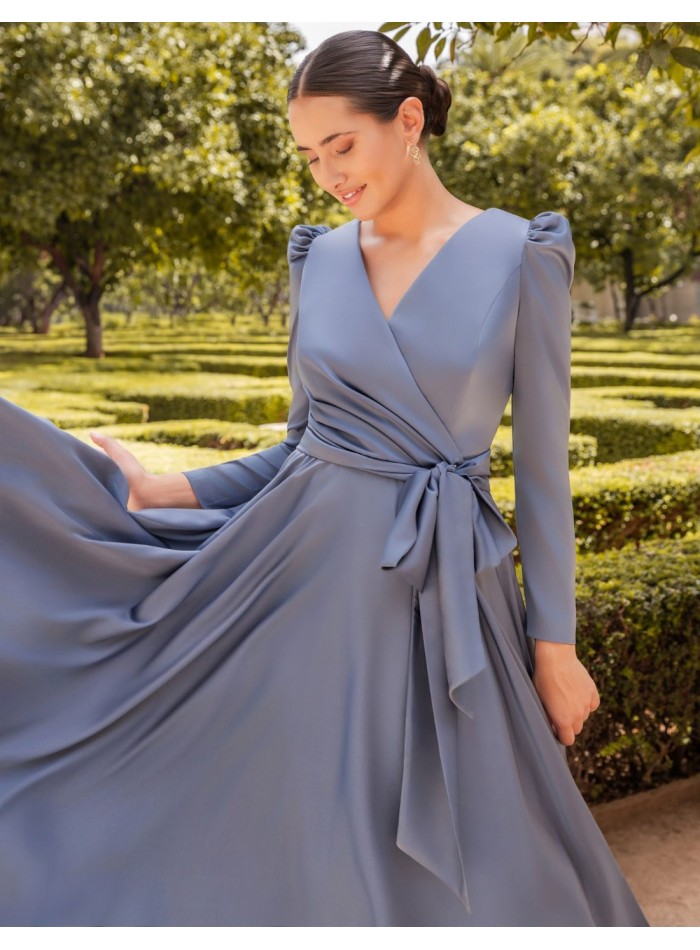 Blue midi dress for event with flounce skirt...