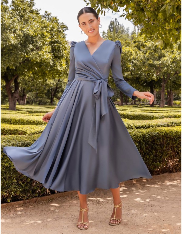 Blue midi dress for event with flounce skirt and lacing