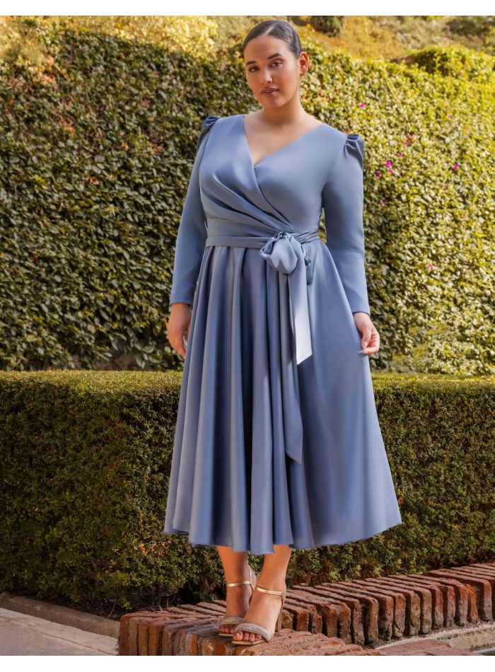 Blue midi dress for event with flounce skirt...
