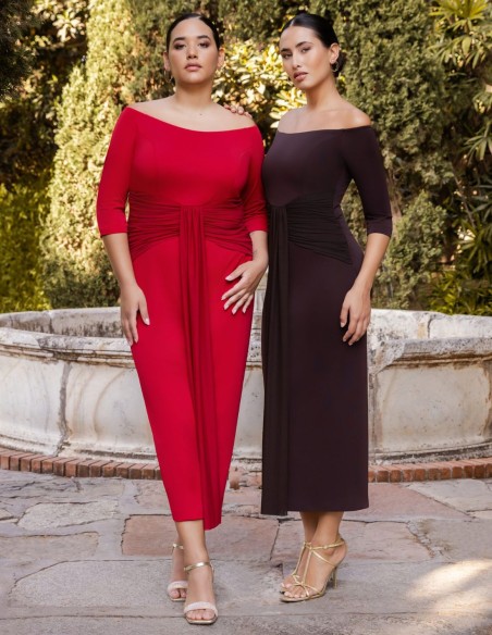 Midi guest dress with bardot neckline and knot detail at the waist