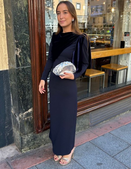 Navy blue midi guest dress with bow detail