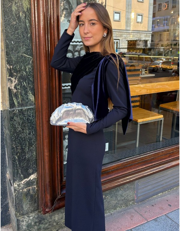 Navy blue midi guest dress with bow detail 2