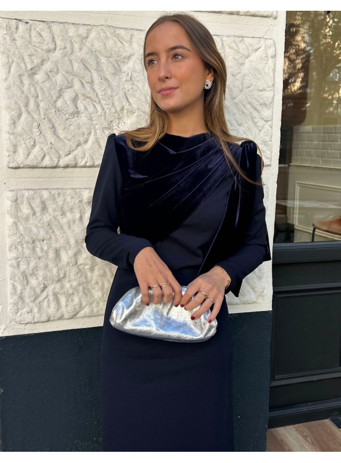 Navy blue midi guest dress with bow detail