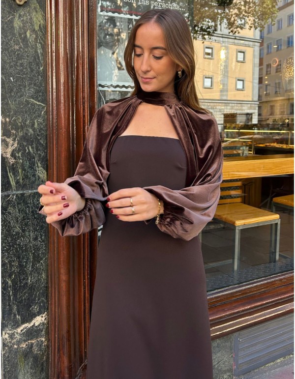 Strapless midi dress with velvet sleeves 2