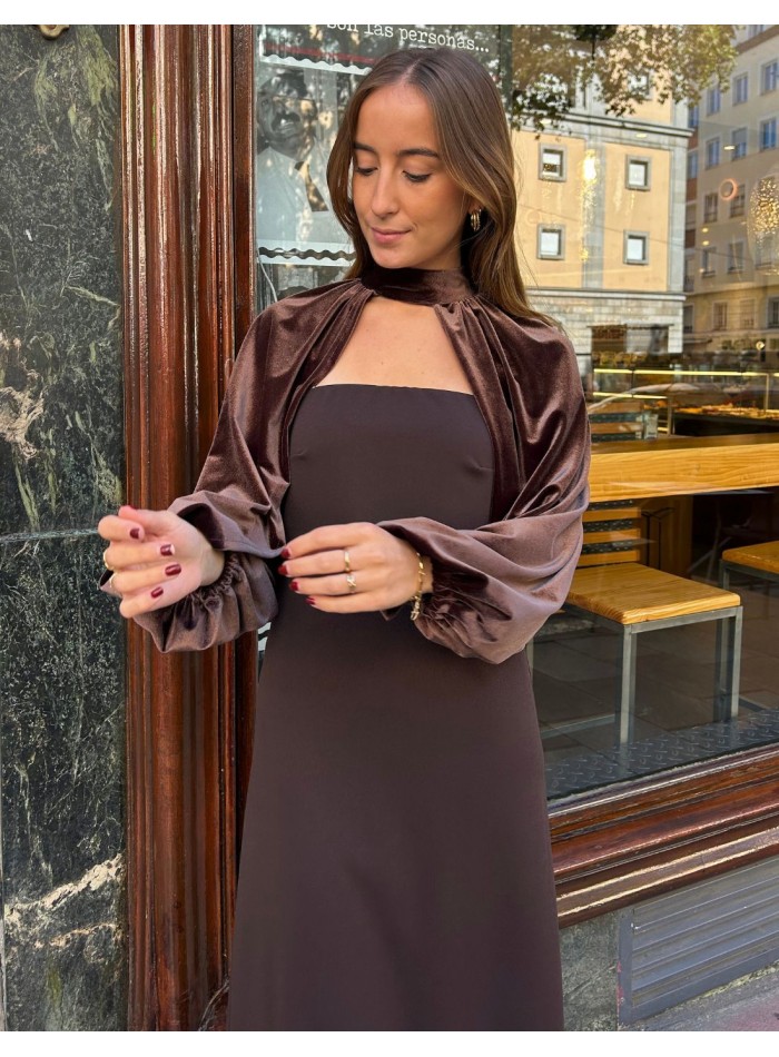 Strapless midi dress with velvet sleeves