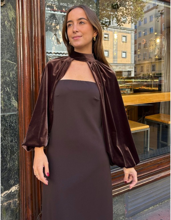 Strapless midi dress with velvet sleeves