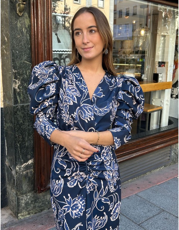 Midi dress with french sleeves and blue tones print