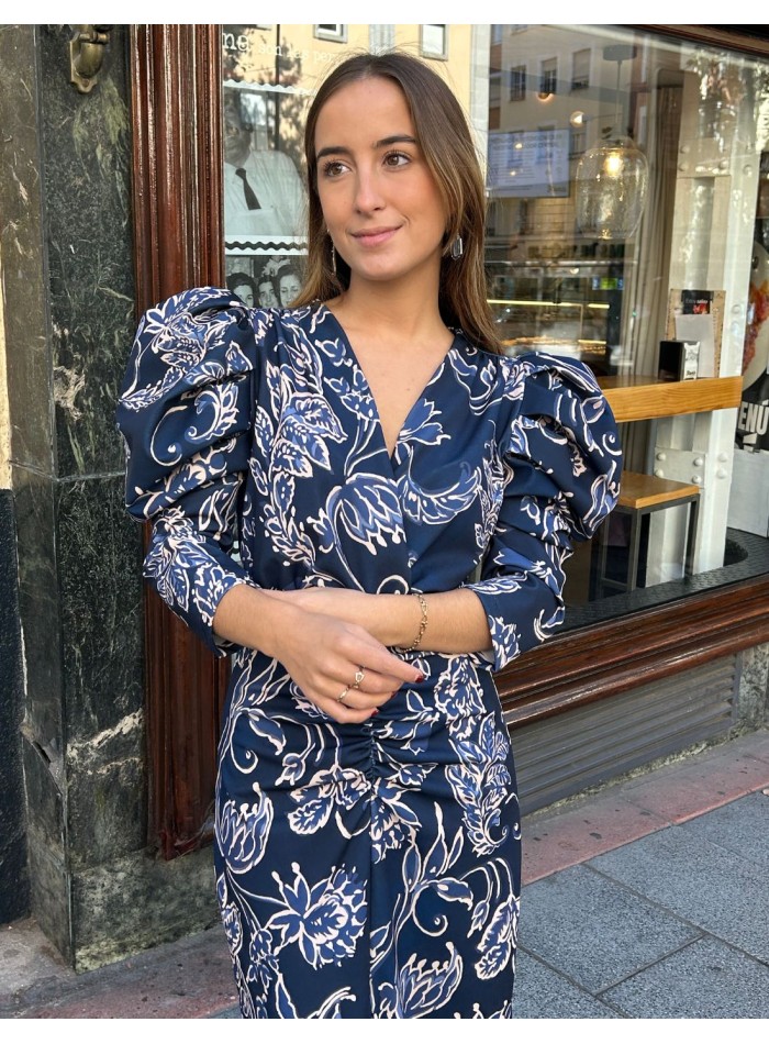 Robe d'invité midi à manches françaises avec imprimé bleu et tons bleus