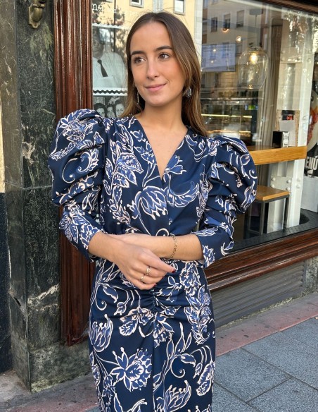 Midi dress with french sleeves and blue tones print