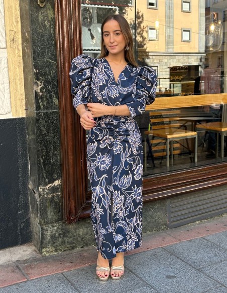 Midi dress with french sleeves and blue tones print