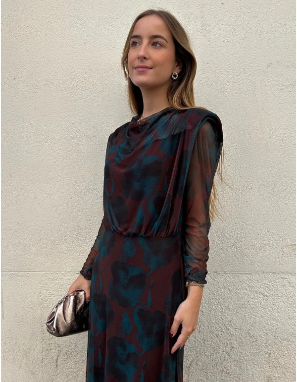 Blue and brown printed tulle midi dress for guest 2