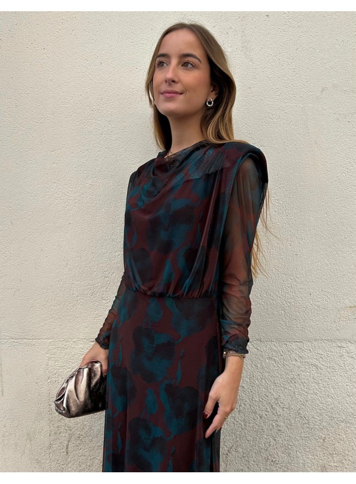 Vestido midi de invitada estampado azul y marrón de tul