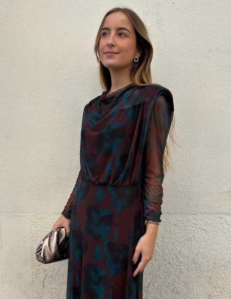 Blue and brown printed tulle midi dress for guest