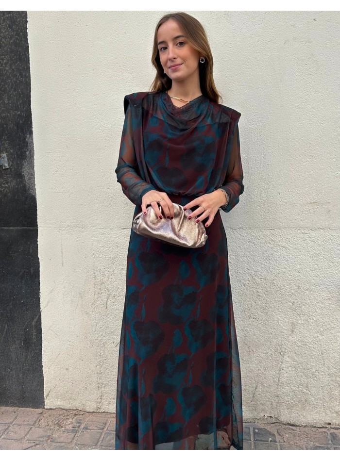Robe d'invité midi en tulle imprimé bleu et marron