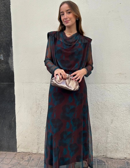 Blue and brown printed tulle midi dress for guest