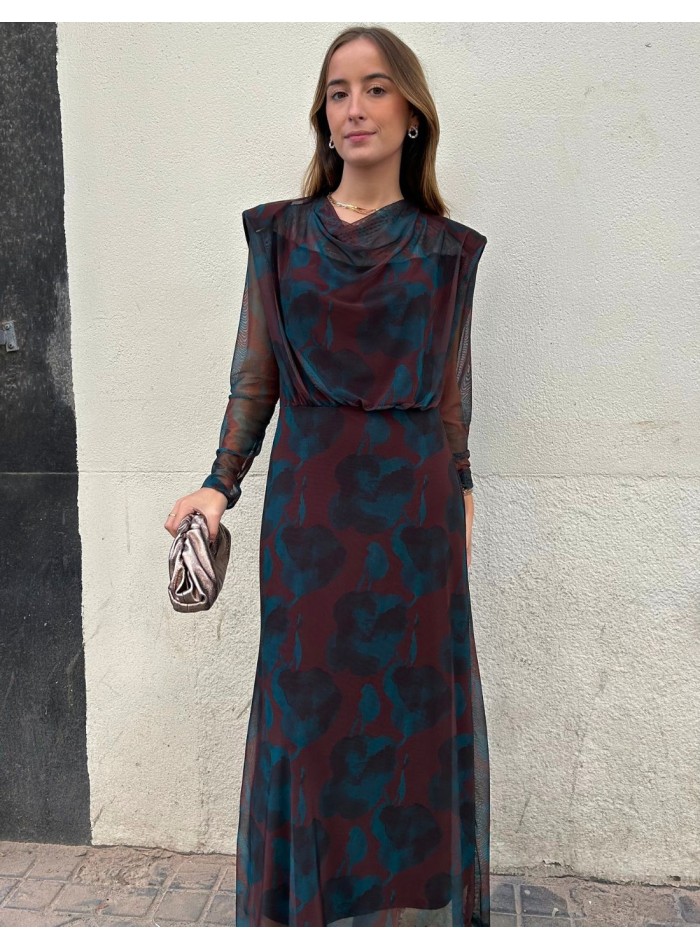 Blue and brown printed tulle midi dress for guest