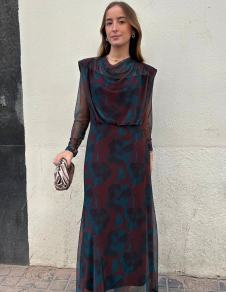 Robe d'invité midi en tulle imprimé bleu et marron