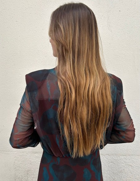 Robe d'invité midi en tulle imprimé bleu et marron