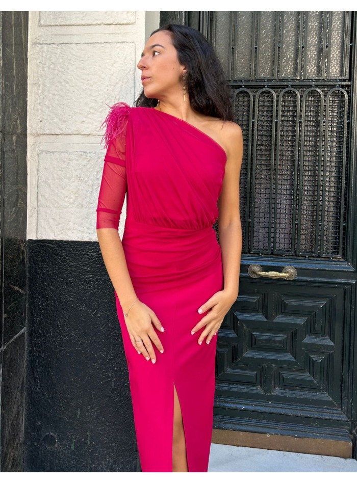 Vestido de fiesta midi drapeado con una manga y...