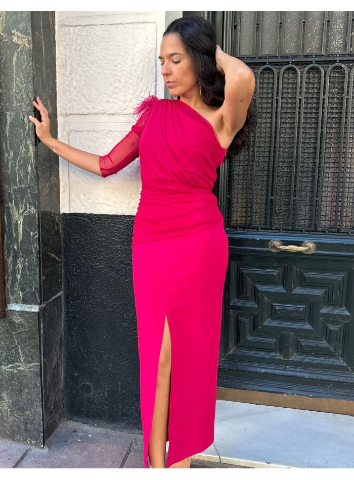 Vestido de fiesta midi drapeado con una manga y...
