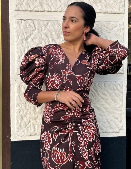 Printed midi dress in brown tones